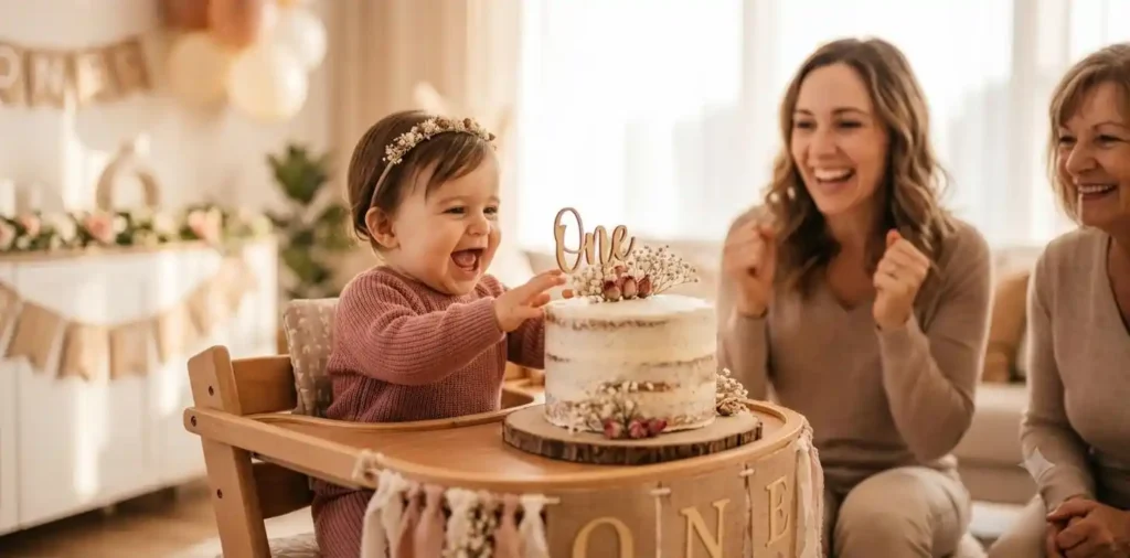 Baby reaching for birthday cake happily
