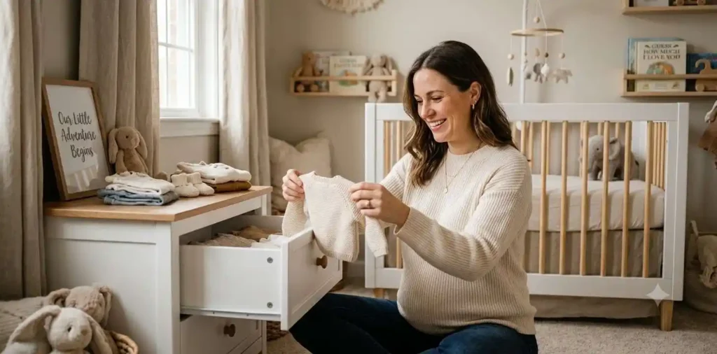 Expectant mother decorating baby nursery