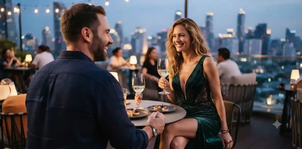 Stylish couple laughing together at a rooftop café