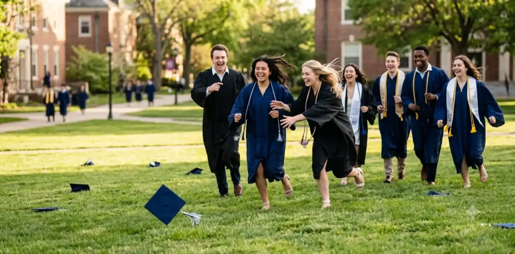 Graduates laughing after tossing caps together