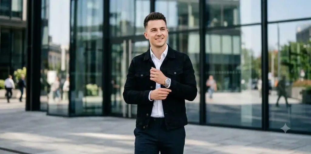 Confident man posing outside a modern building