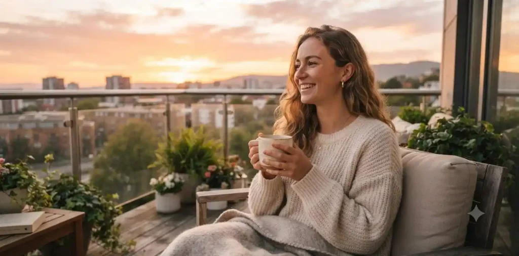 Woman enjoying sunrise coffee outdoors