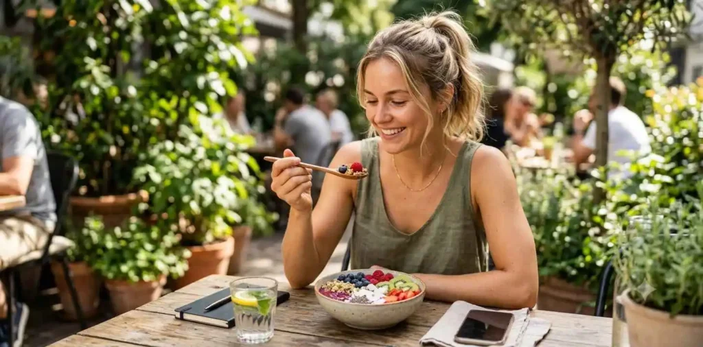 Fresh smoothie bowl with colorful fruit toppings