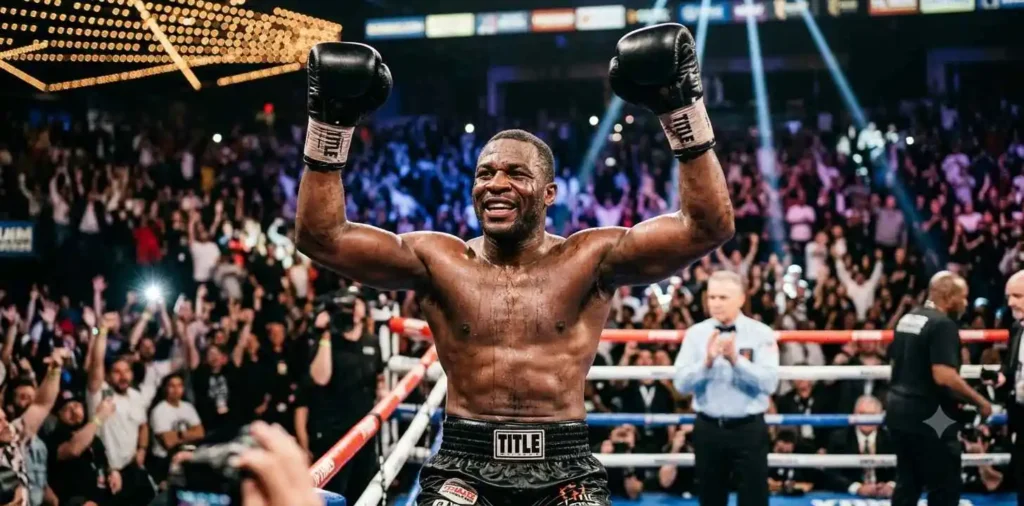 Heavyweight boxer celebrating victory in ring
