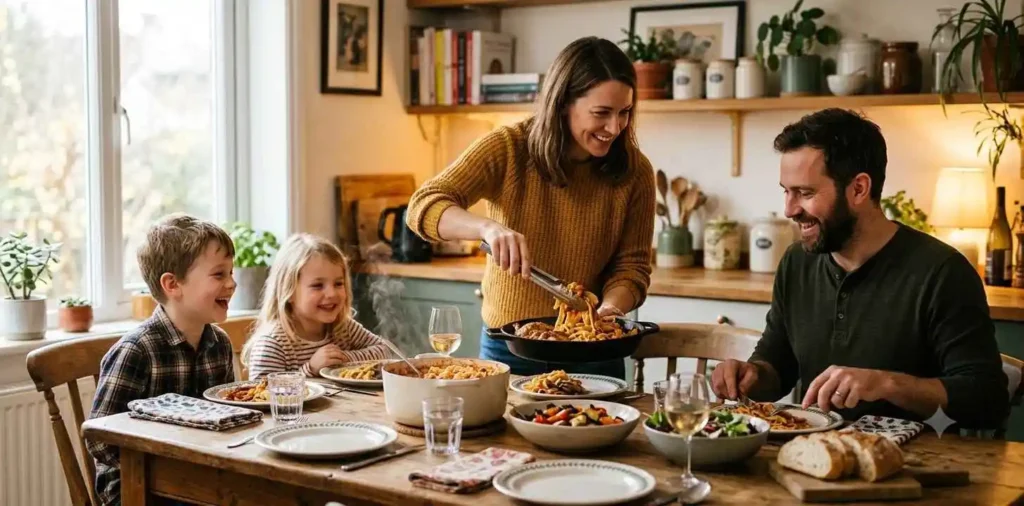 Family enjoying homemade dinner meal