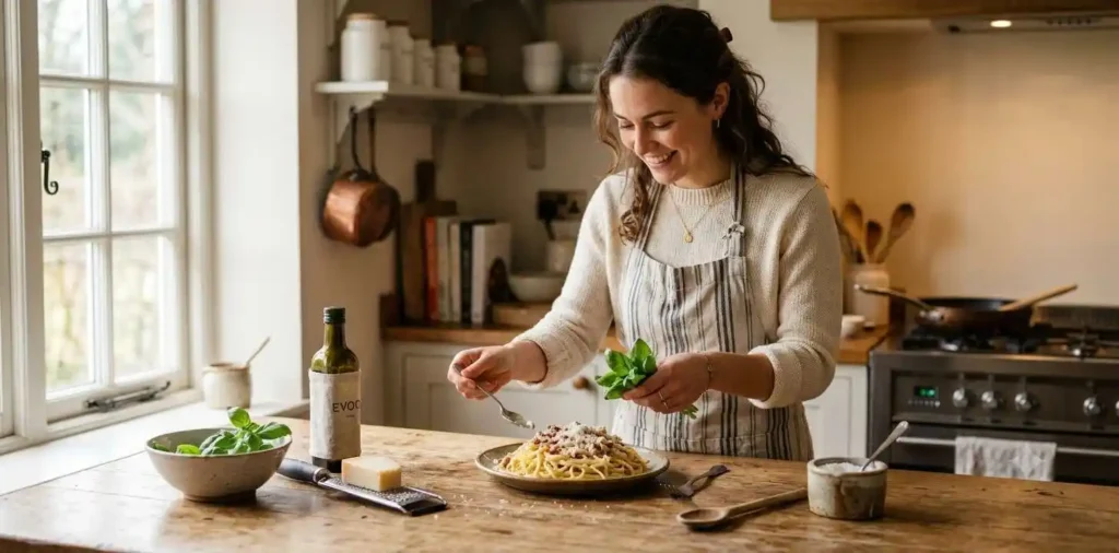 Woman serving fresh homemade pasta at dinner