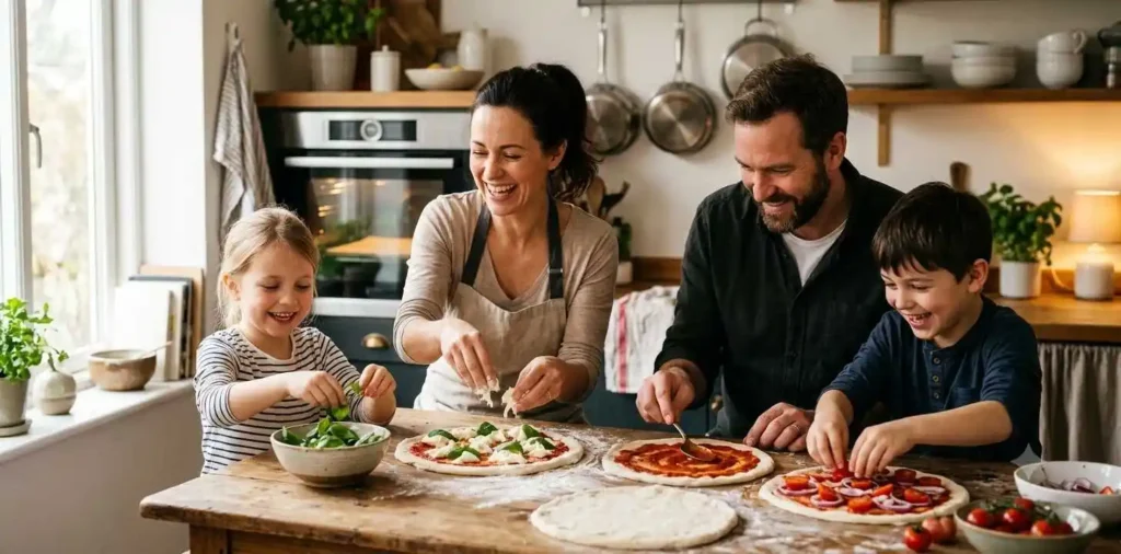 Family preparing homemade pizza in bright kitchen