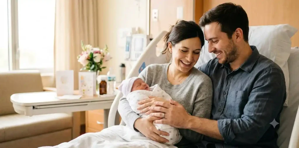 Parents holding newborn in hospital room