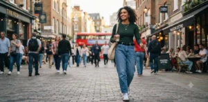 Stylish person smiling confidently outdoors