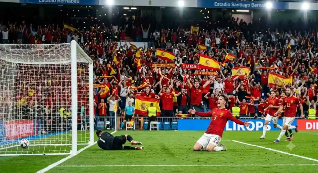 Spain fans cheering inside football stadium