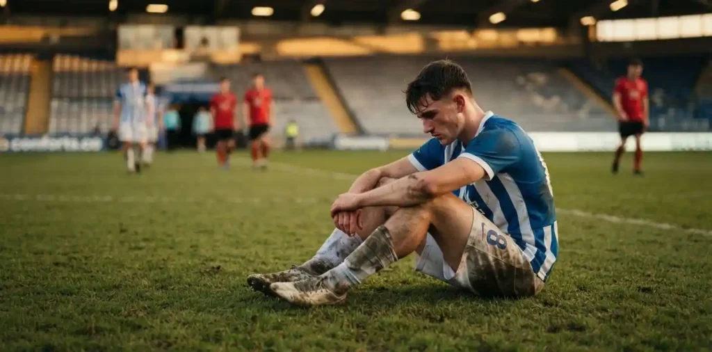 Soccer player sitting thoughtfully after the final whistle