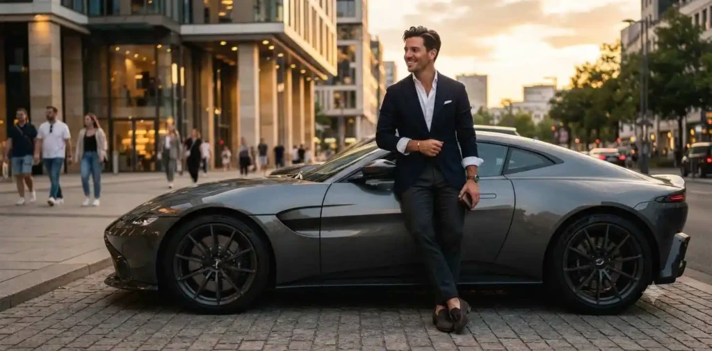 Person beside luxury sports car