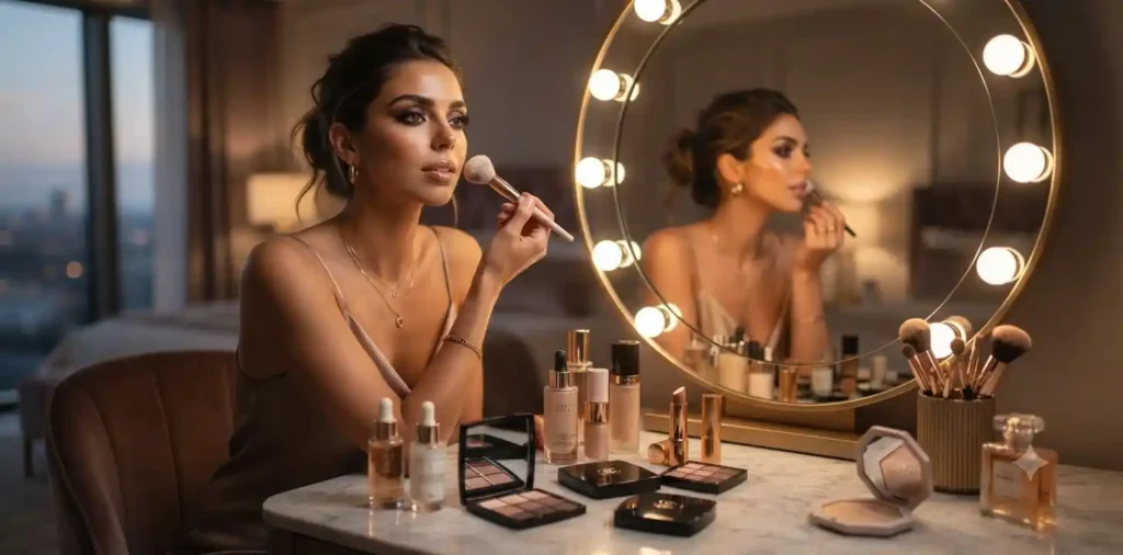 Woman applying lipstick in a modern vanity mirror