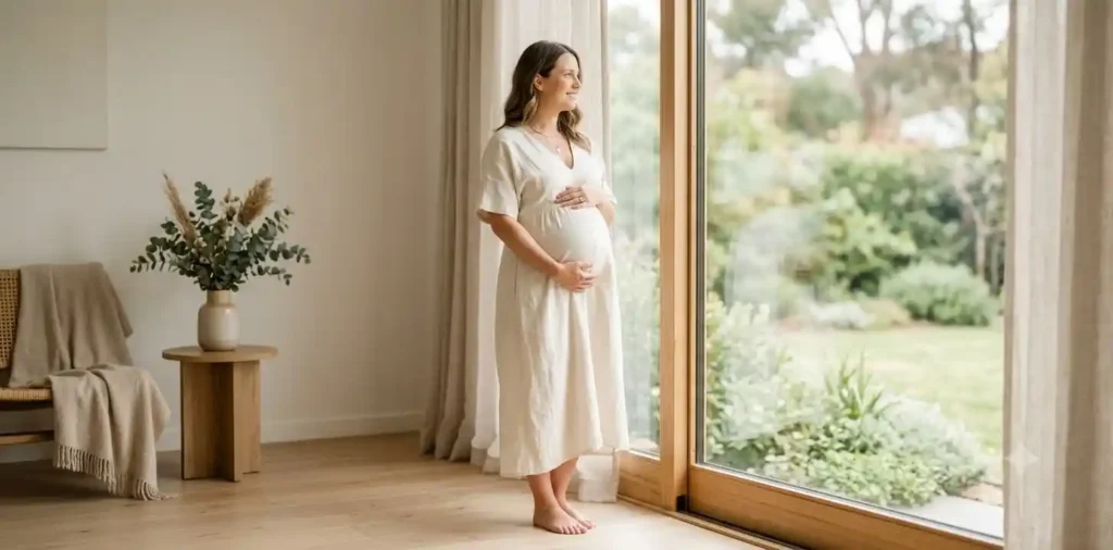 Pregnant woman posing by bright window