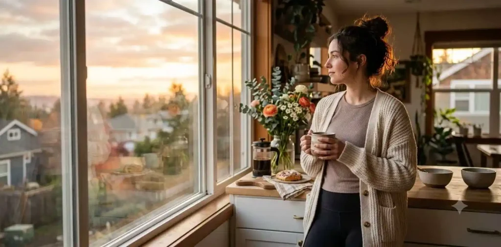 Woman enjoying coffee by a bright kitchen window