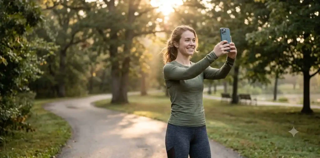 Woman taking a sunrise selfie outdoors