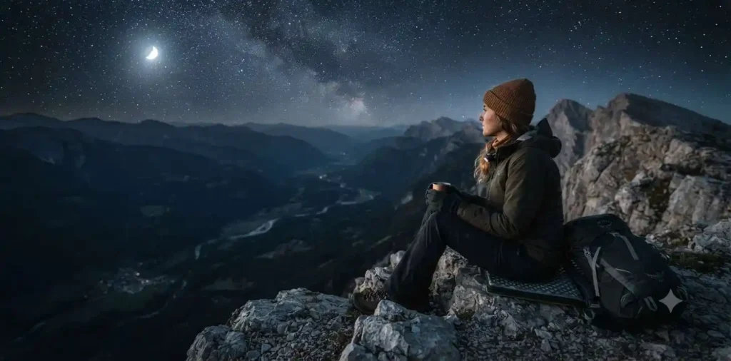 Hiker watching stars from a mountain peak