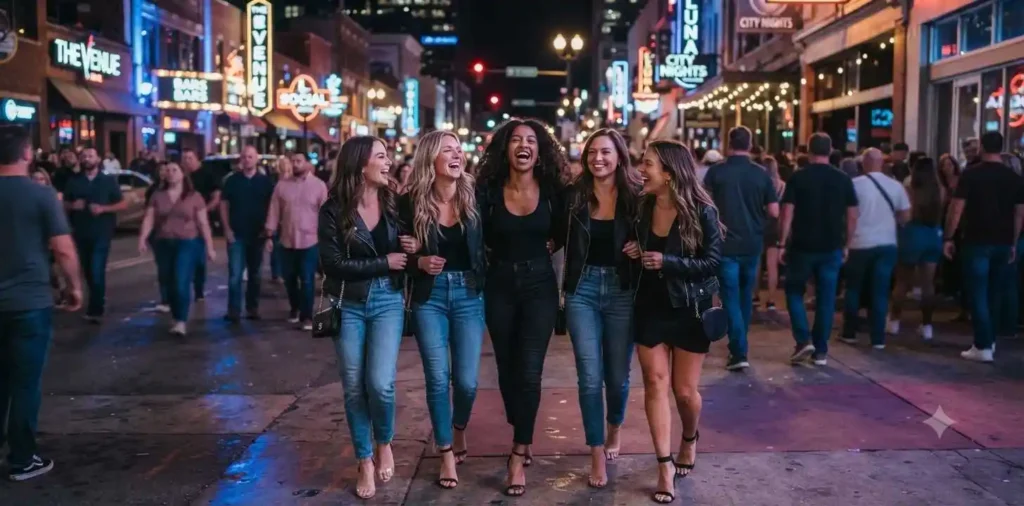 Friends enjoying vibrant city nightlife