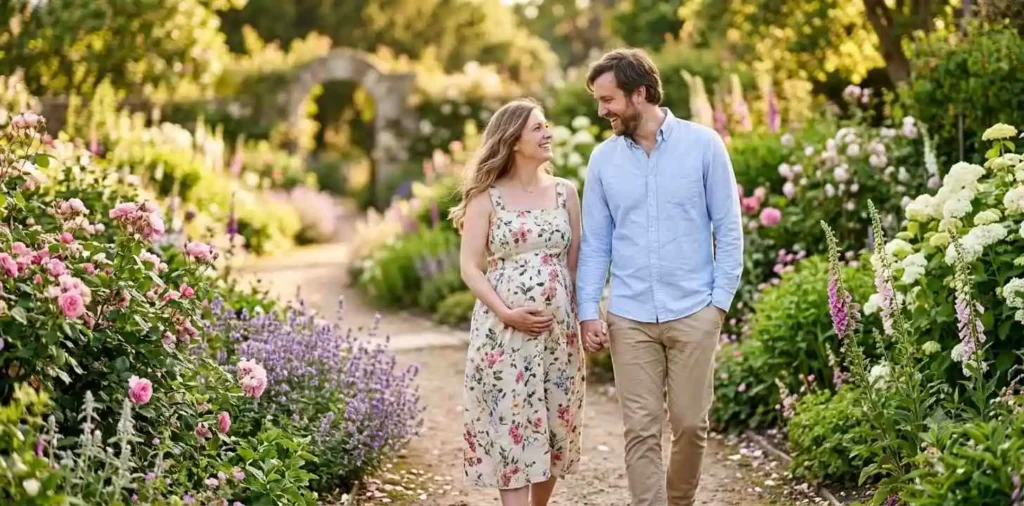 Expecting couple holding hands in a flower garden