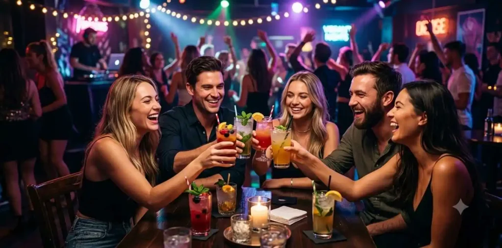 Friends toasting colorful drinks at celebration