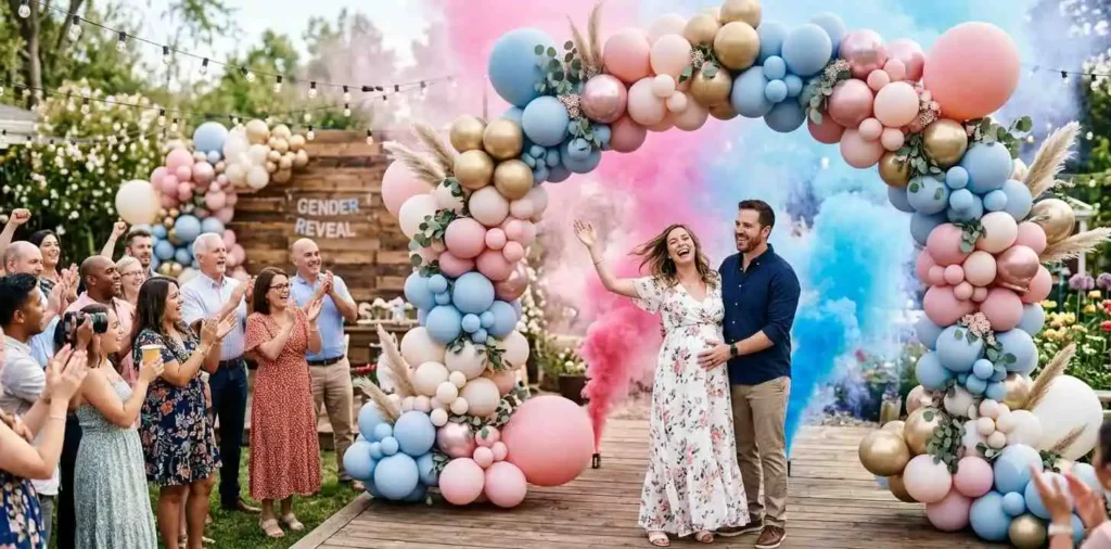 Parents celebrating beneath pink and blue balloons