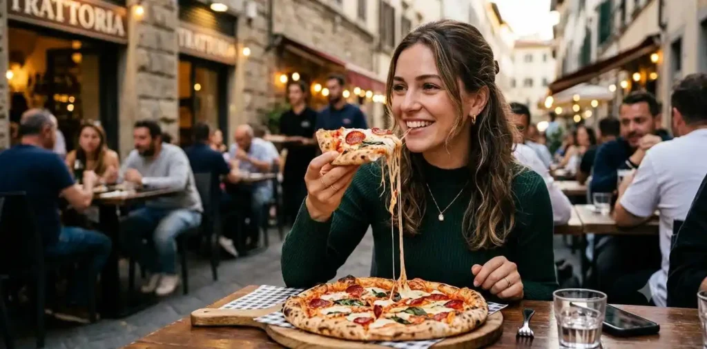 Woman enjoying cheesy pizza slice outdoors