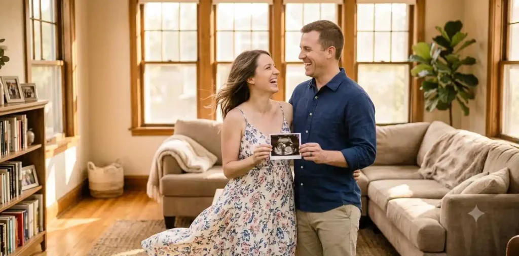 Couple holding ultrasound photo in a
room