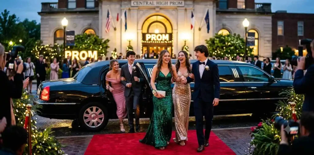 Friends stepping from limousine before prom