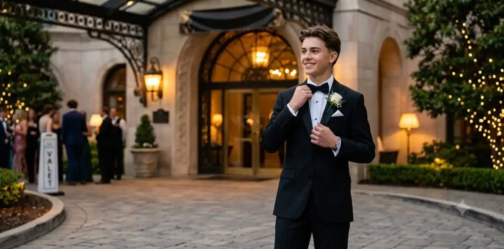Student adjusting tuxedo before prom entrance