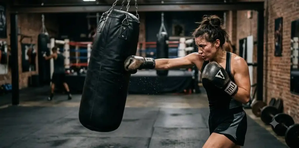 Boxer striking heavy bag during workout