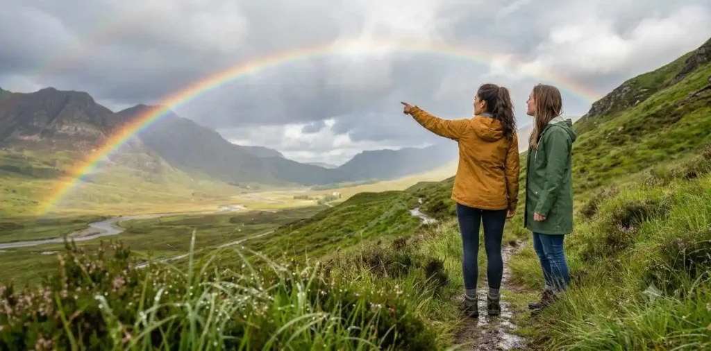 Friends admiring a rainbow after rainfall