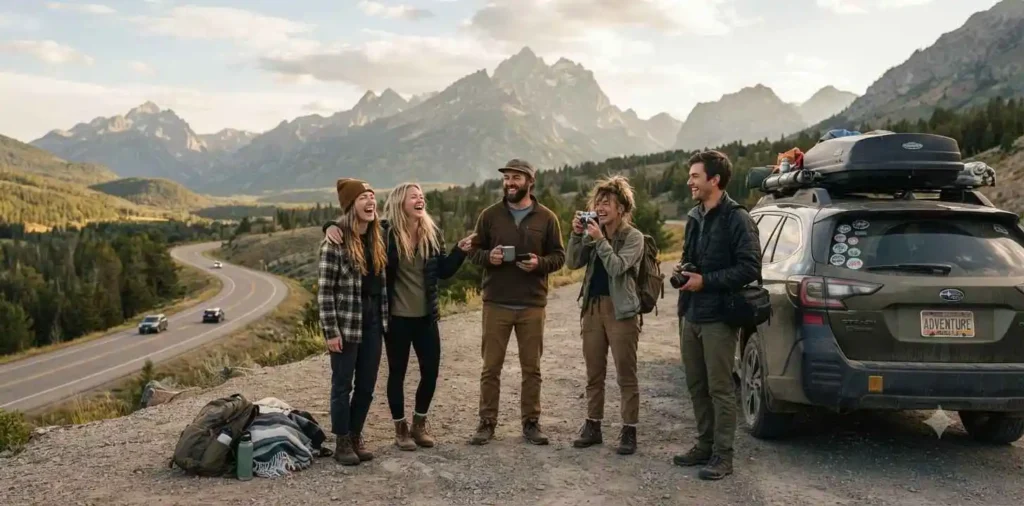 Friends enjoying scenic road trip