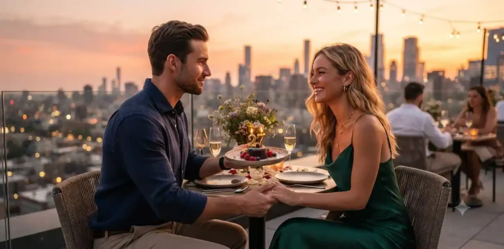 Couple celebrating birthday with candlelit dinner