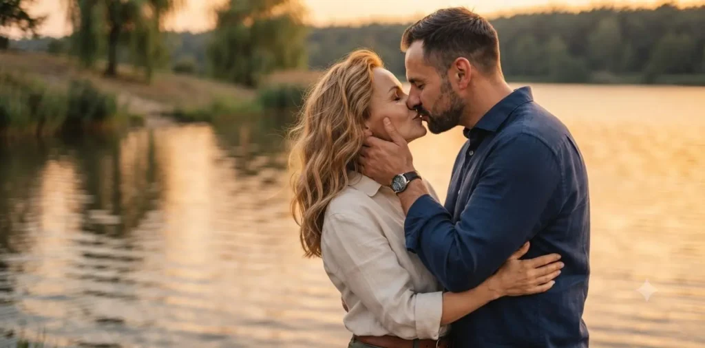 Married couple embracing during a sunset walk
