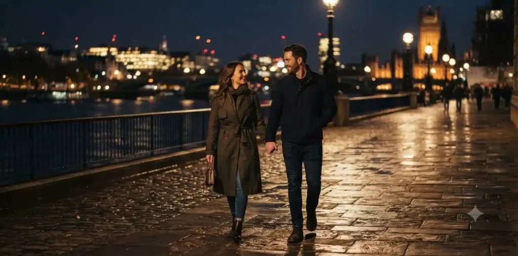 Couple holding hands beneath city lights