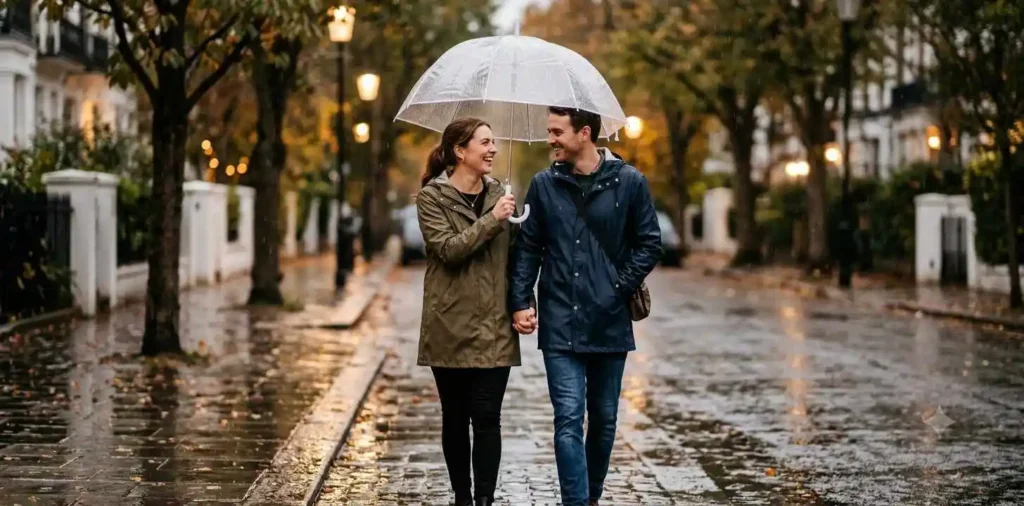 Couple sharing an umbrella in gentle rain