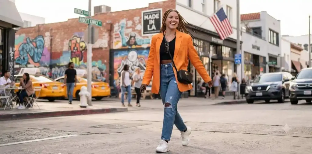 Fashionable woman posing confidently outdoors