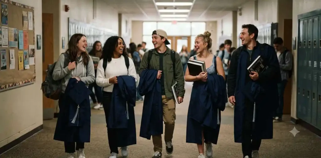 Friends laughing together outside school