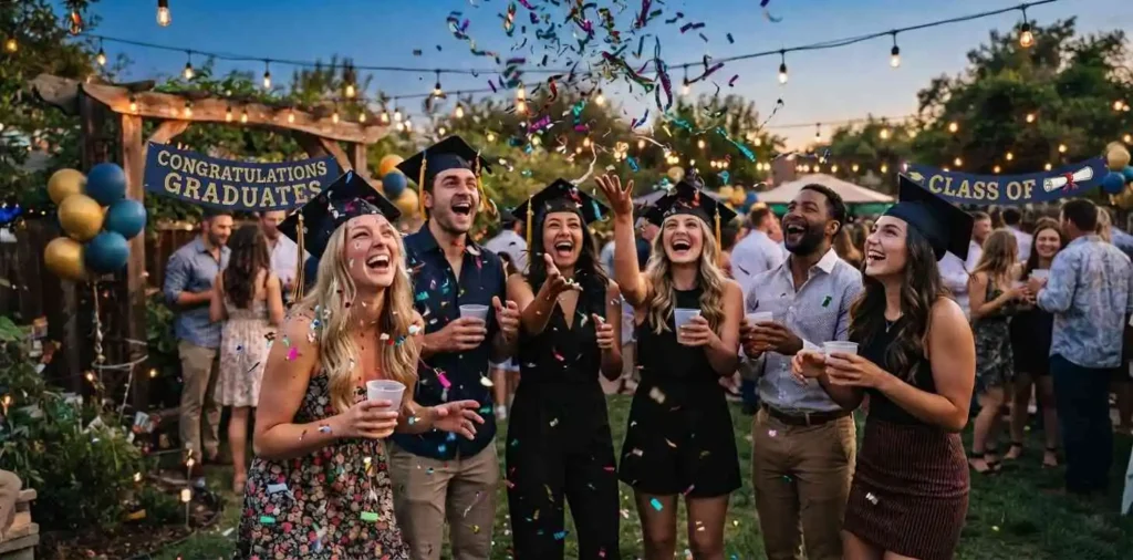 Graduates celebrating with confetti outdoors