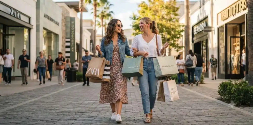 Friends carrying shopping bags in an outdoor mall