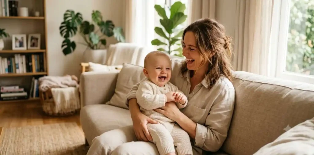 Mother laughing with smiling baby