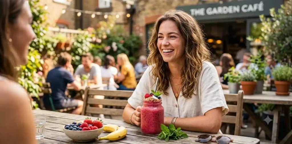 Woman enjoying colorful berry smoothie outdoors