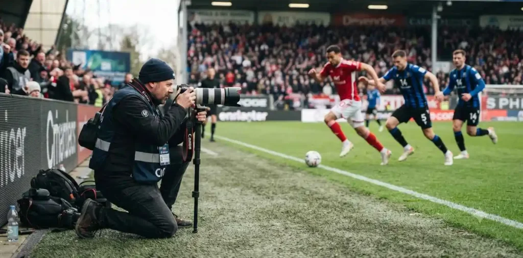 Photographer capturing soccer action during a match