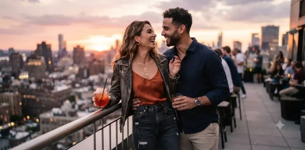 Couple laughing together during a rooftop sunset