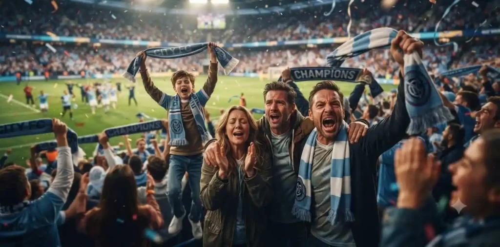 Fans cheering together inside a packed stadium