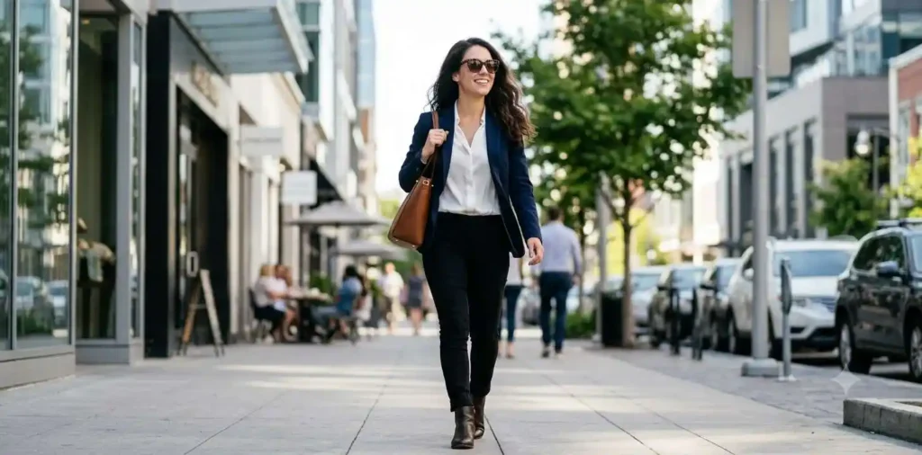 Confident woman walking through a modern city