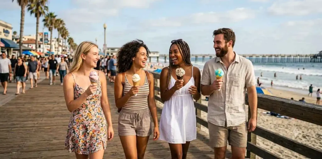Friends enjoying ice cream on summer day