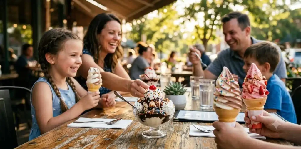 Colorful ice cream sundae on cafe table