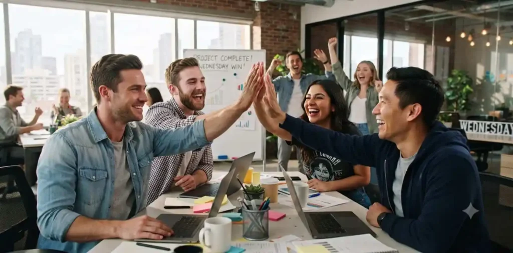 Coworkers celebrating successful project together