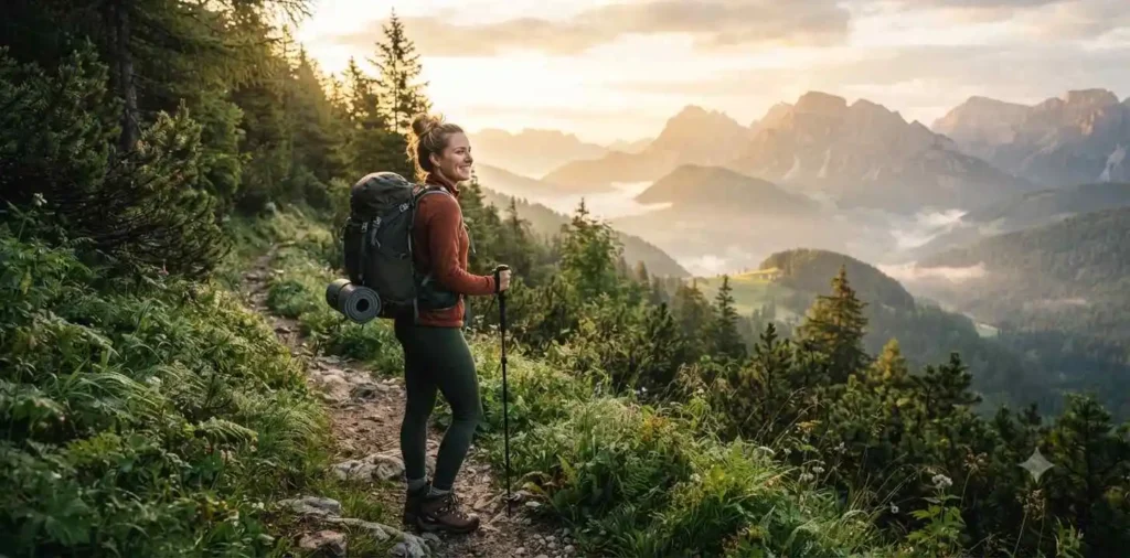 Woman enjoying sunrise on a mountain trail